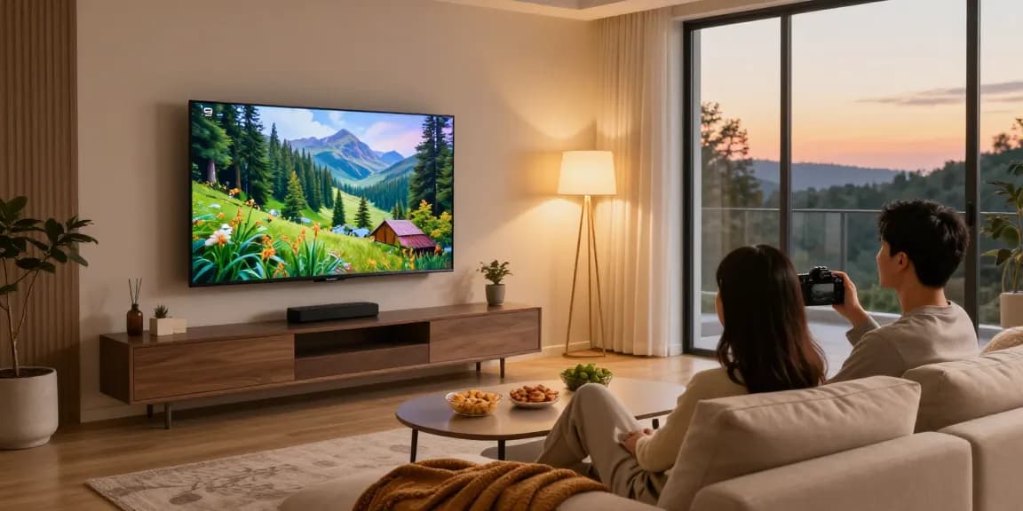 Couple enjoying a mini LED TV in a cozy living room with sunset views.