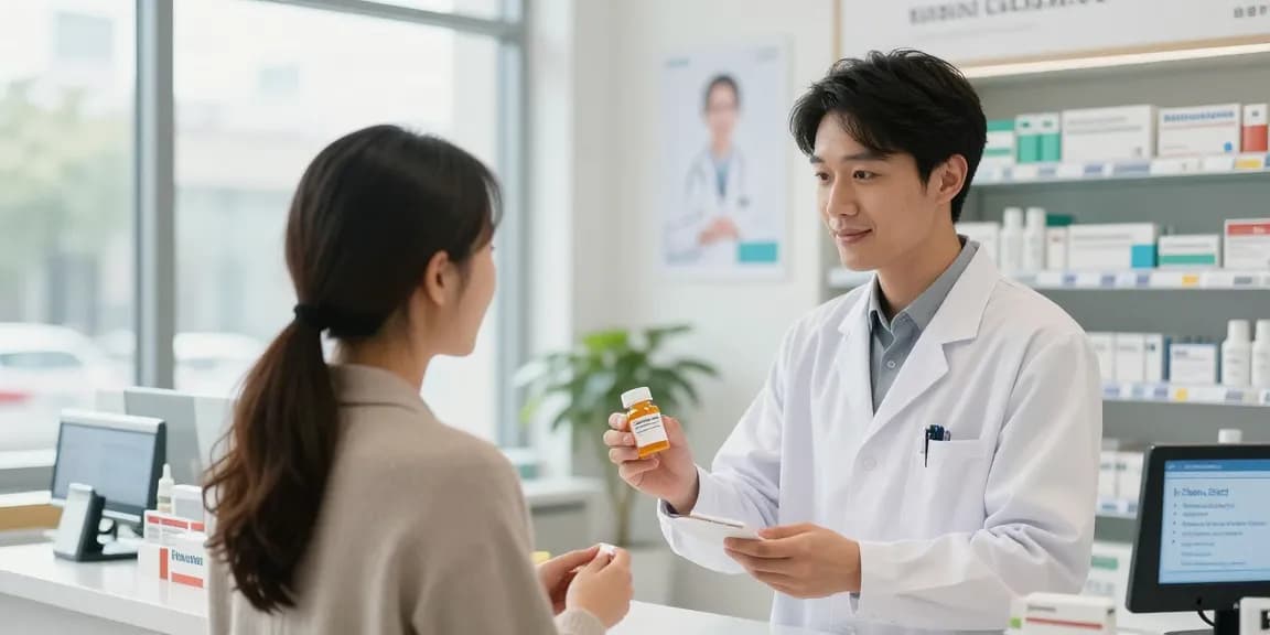 Pharmacist discussing tirzepatide for sale with patient in modern pharmacy, bright and welcoming environment.