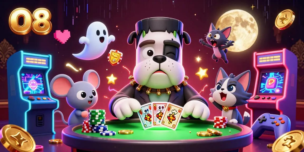 O8 features a cartoon bulldog monster dealing cards in a lively casino scene full of vibrant gameplay.