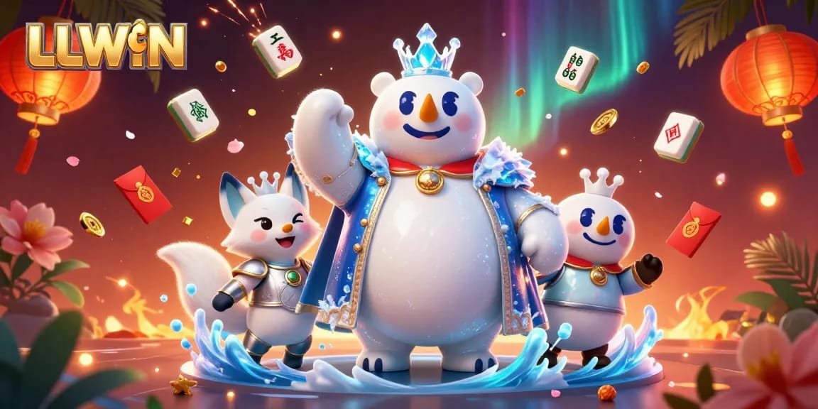 Experience the excitement of LLWIN with the ice king polar bear and snow fox in a vibrant casino scene.