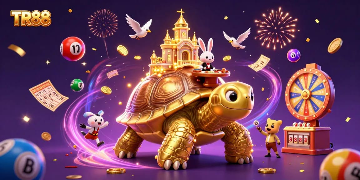 Experience TR88's vibrant casino world with a tortoise, dealer, and flying coins!