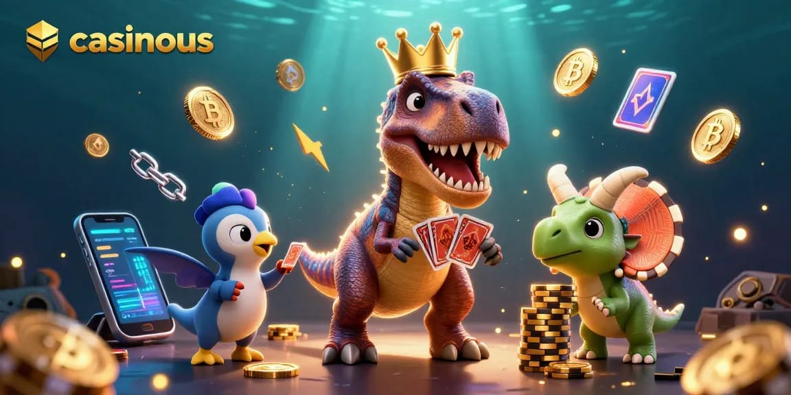 A friendly T-Rex and assistant enjoying a casino game while showcasing Bitcoin coins in a vibrant casinous scene.