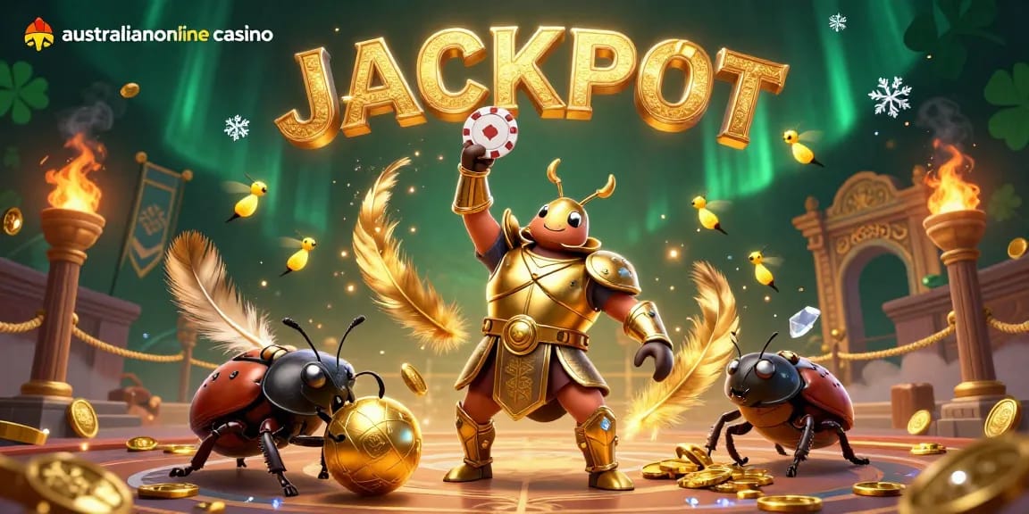 Engaging scene of a victorious beetle and friends celebrating at australianonlinecasino, showcasing rich casino elements.