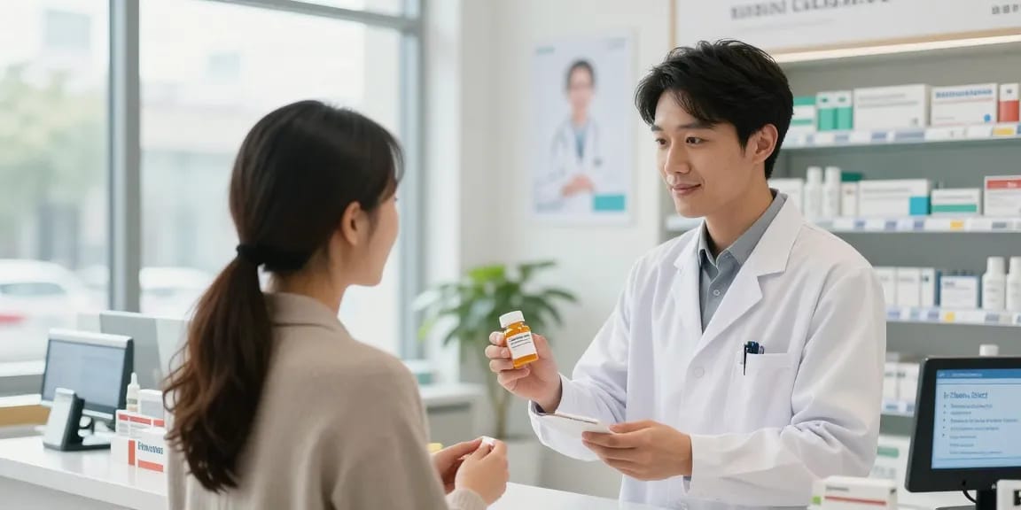Pharmacist discussing tirzepatide for sale with patient in modern pharmacy, bright and welcoming environment.