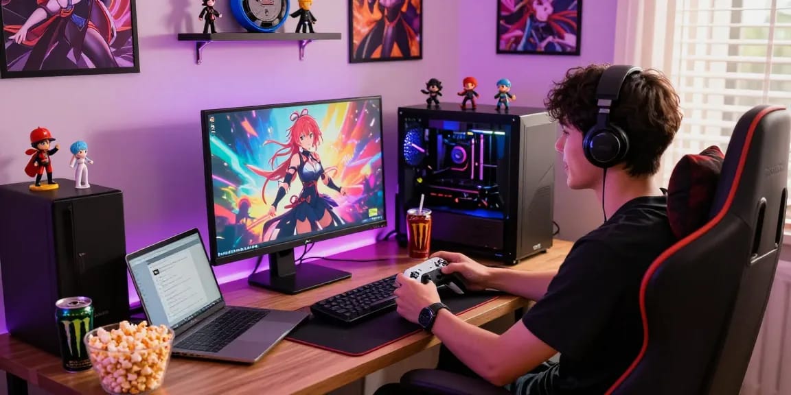 Player enjoying hentai games in a colorful gaming setup with anime posters.