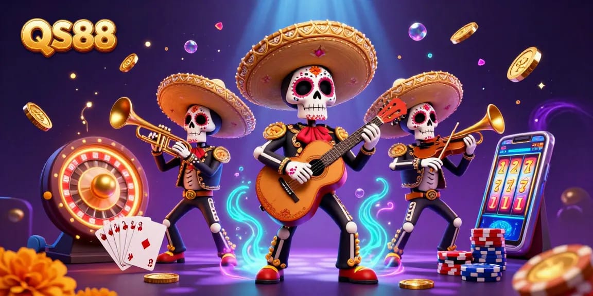 Experience the vibrant energy of QS88 with a lively mariachi band in a colorful casino scene.