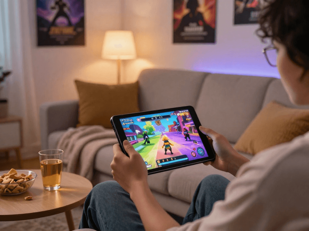 Player enjoying a mobile porn game on a tablet in a cozy home setting with vibrant graphics.