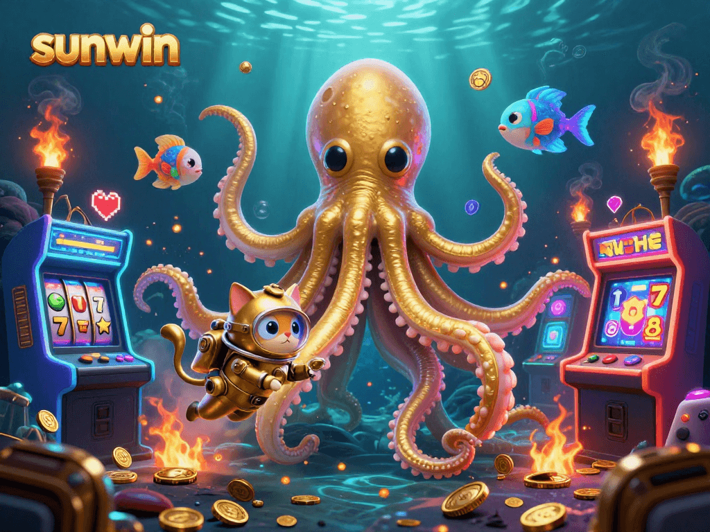 Experience the excitement of sunwin with a vibrant kraken, diving cat, and slot elements in a casino-themed underwater scene.