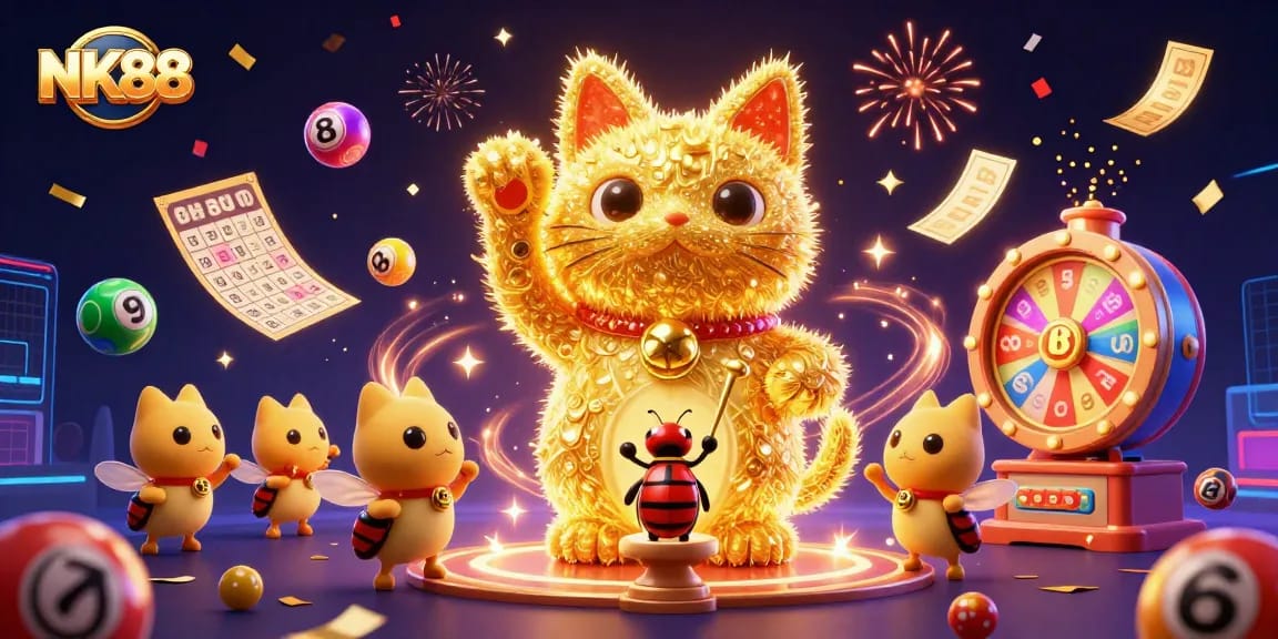 Engage with NK88’s vibrant casino experience featuring a lucky cat and dynamic game elements.