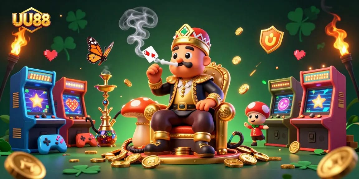 UU88 captures the excitement of gaming with a vibrant 3D casino-themed illustration featuring rich, colorful elements.