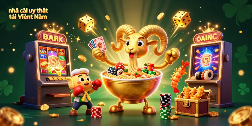 Engage with nhà cái uy tín tại Việt Nam in an exciting illustrated casino scene full of vibrant characters and game elements.