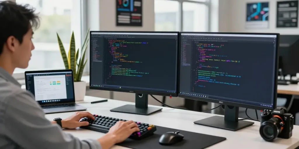 This site showcases a software developer troubleshooting code in a contemporary office environment.