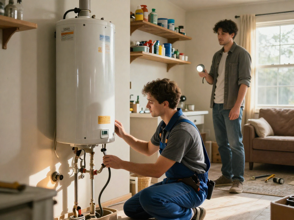 Professional water heater repair Fort Worth with plumber and homeowner in utility room.