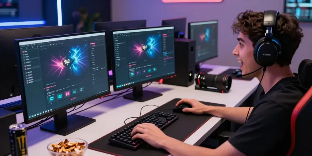 Exciting gaming scene with a user engaged in sin88 nhà cái platform at a modern desk setup.