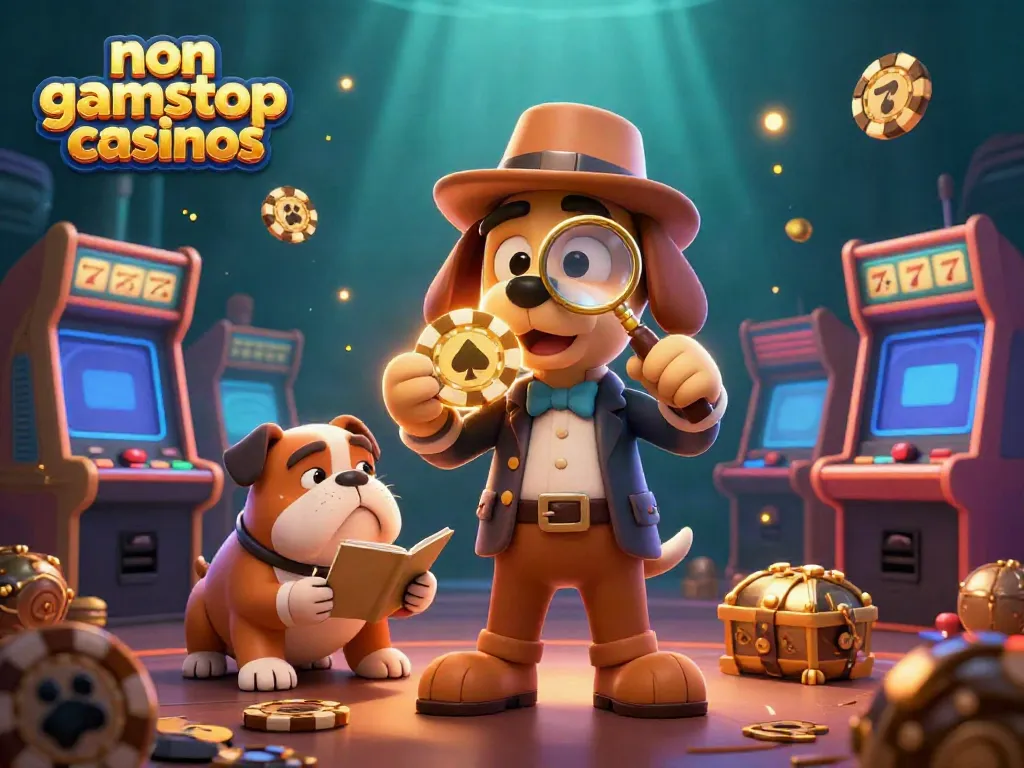 Explore thrilling non gamstop casinos with a detective uncovering treasure in an intricate 3D scene.