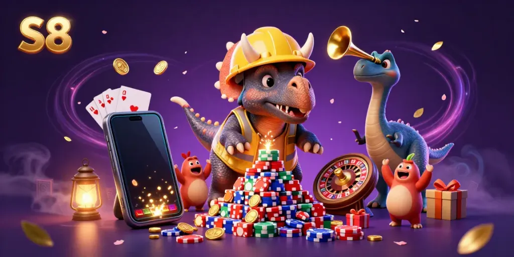 Engage in thrilling casino action with S8 amid a vibrant scene of cheering characters and colorful slot game elements.