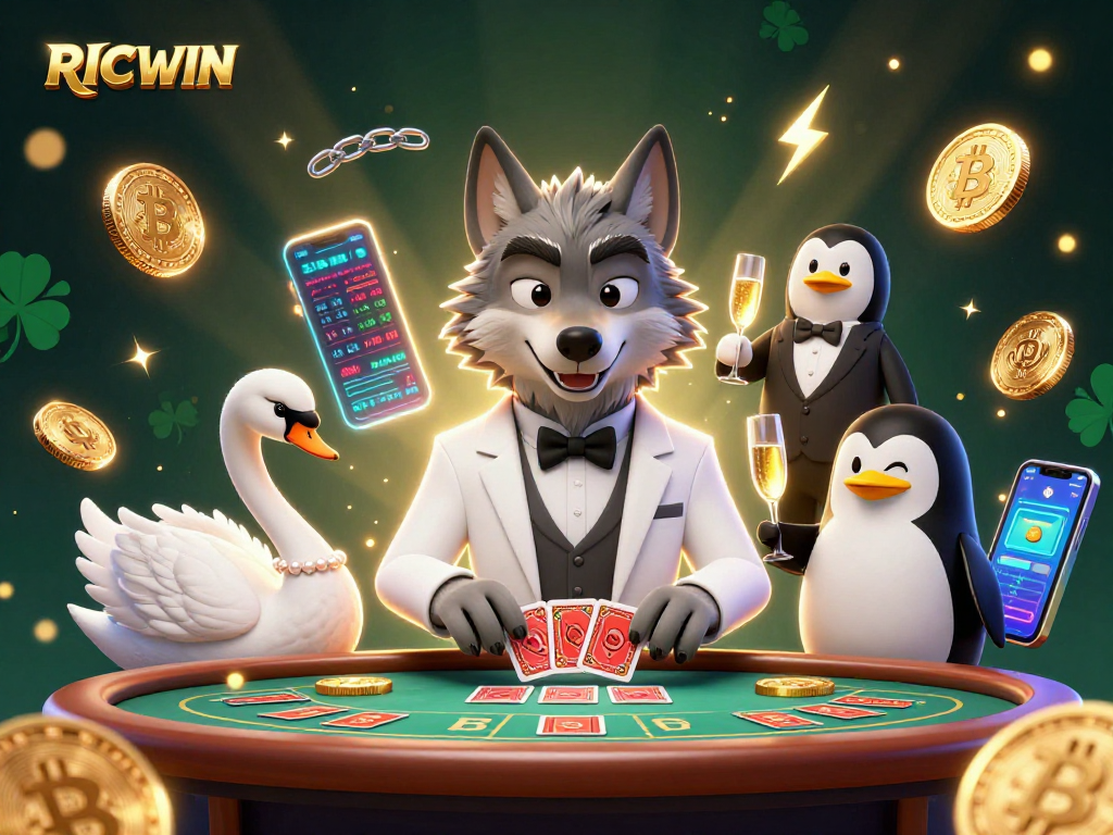 Experience RICWIN's vibrant casino ambiance with colorful characters celebrating at a baccarat table.