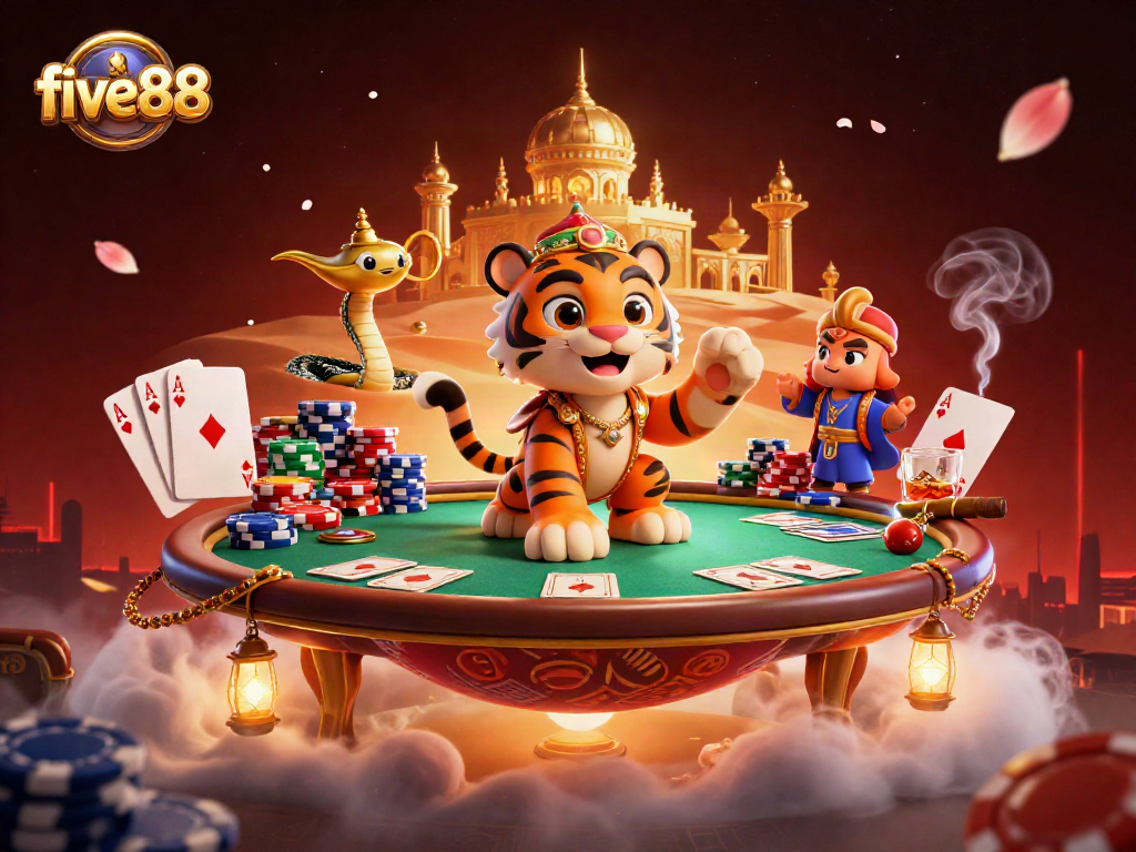 Experience thrilling moments with five88's amazing casino games in an Arabian Nights-themed illustration.