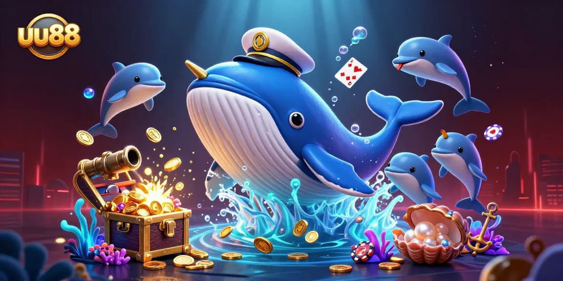 Experience exciting gaming adventures with uu88 through a vibrant underwater illustration featuring playful dolphins and a majestic whale.
