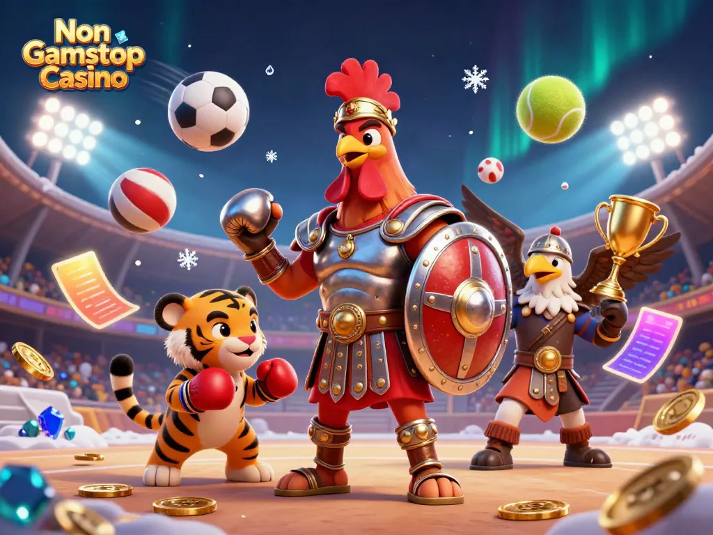Engage with Non Gamstop Casino in an exciting 3D scene featuring a rooster champion and vibrant game elements.
