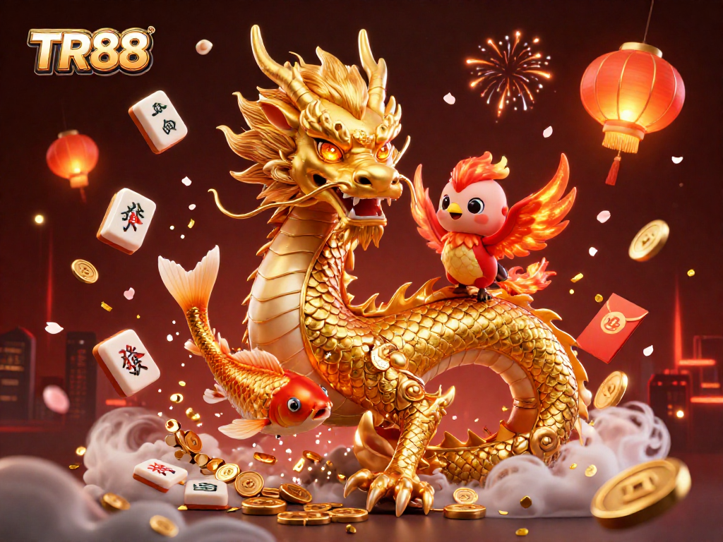 Experience TR88's exhilarating casino adventure with a dynamic scene featuring a majestic dragon and playful phoenix.