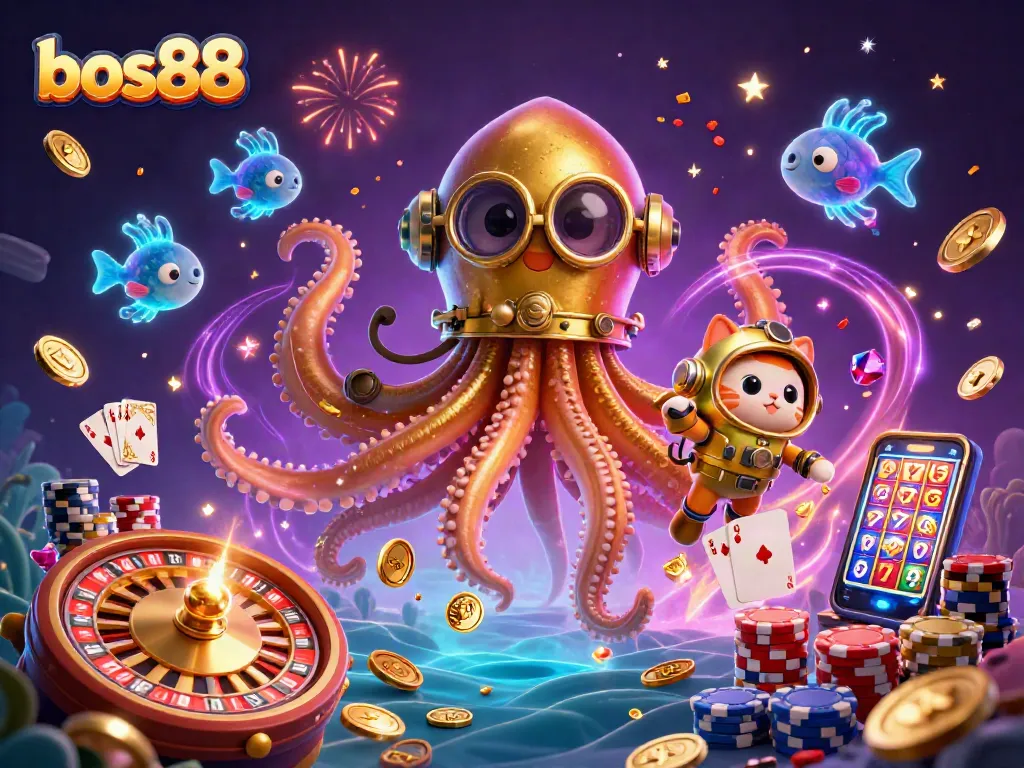 Spin the reels and win big with bos88, featuring a kraken and diving cat in a thriving casino scene.