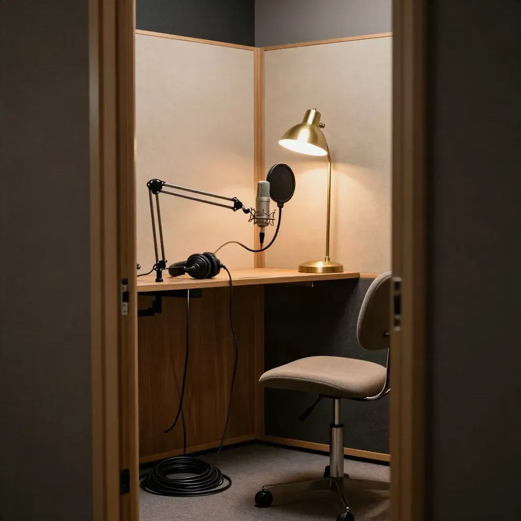 Podcast booth corner with mic, pop filter, headphones and warm lamp glow