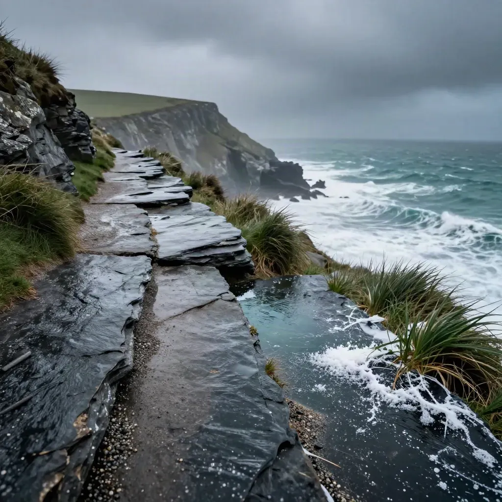 Salt-slick Cornwall cliff path, bent grass, sea spray, and white surf under storm cloud.
