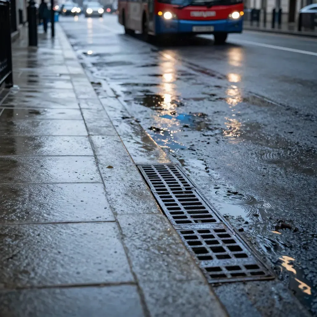 Wet London crosswalk stones ripple after a bus passes, with drain grate and blurred headlights.