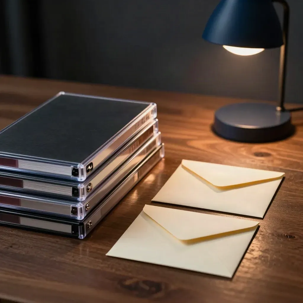 Licensing envelopes, media cases and a navy desk lamp on a walnut table in moody light.