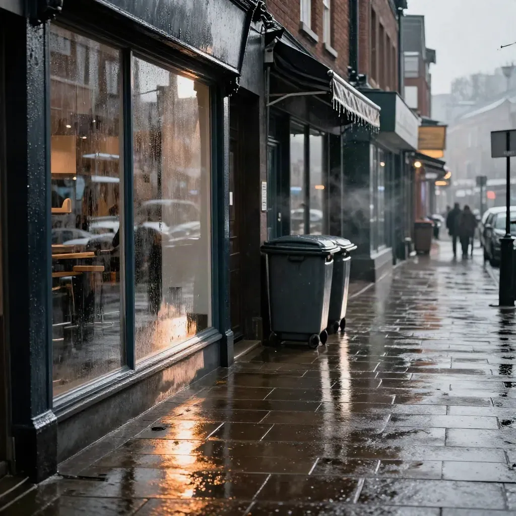 Rainy high street at closing time with wet reflections, bins, shopfront glass and steam