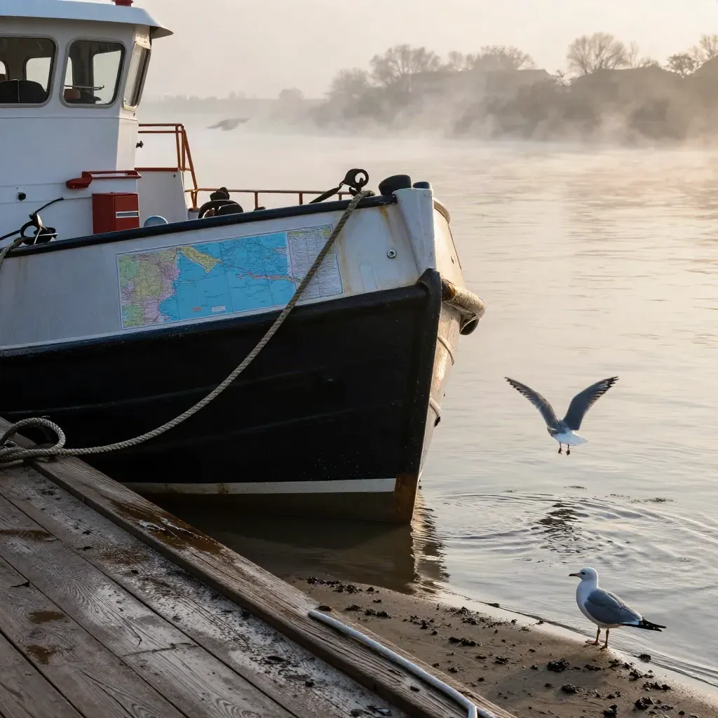 Moored Thames workboat at dawn with gulls rising over wet dock timbers and mist