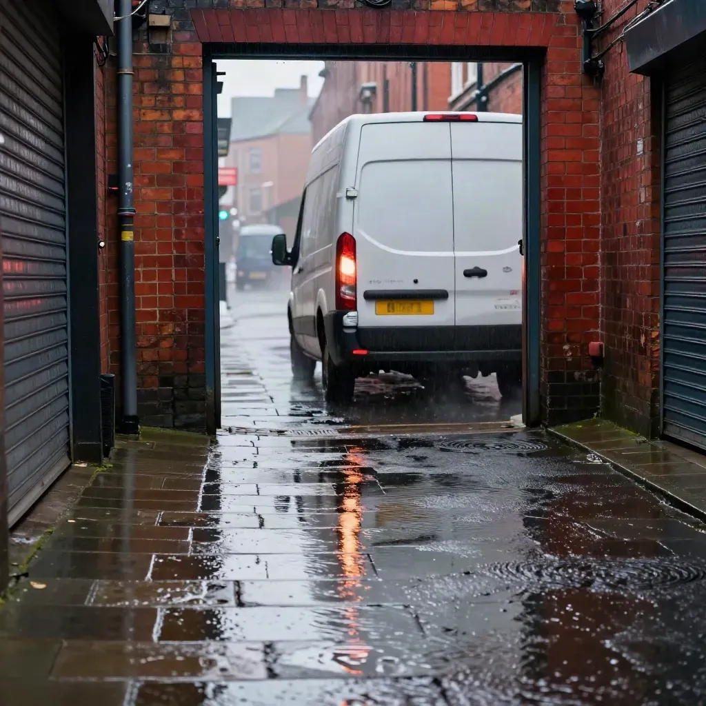 Rain-slick Manchester backstreet with reversing delivery van, red brick, puddles and exhaust haze.