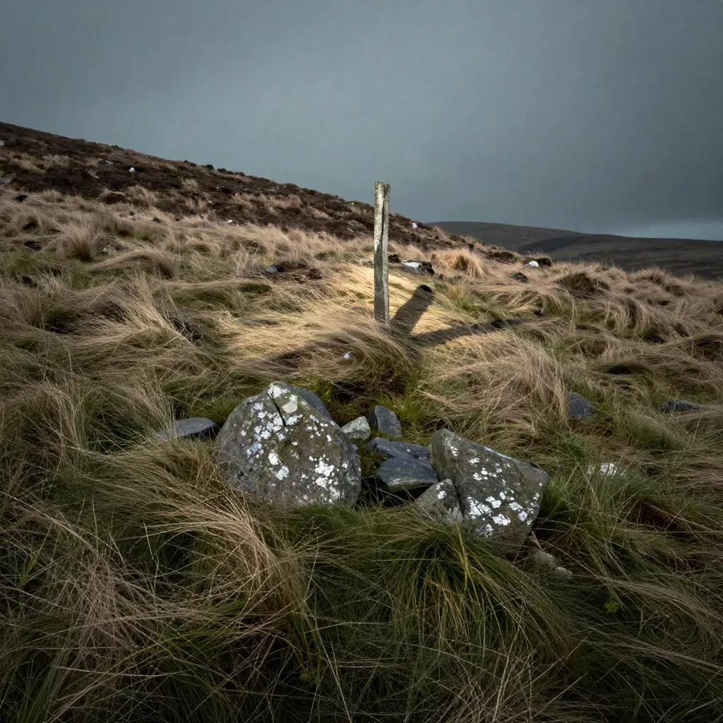 Wind-bent Cairngorm moor grass, stones and a lone post under dramatic low raking light.