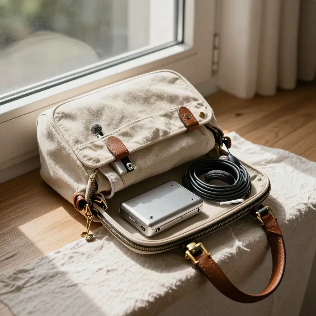 Open shoulder bag with podcast recorder, lav mic, cable, batteries and headphones on warm wood