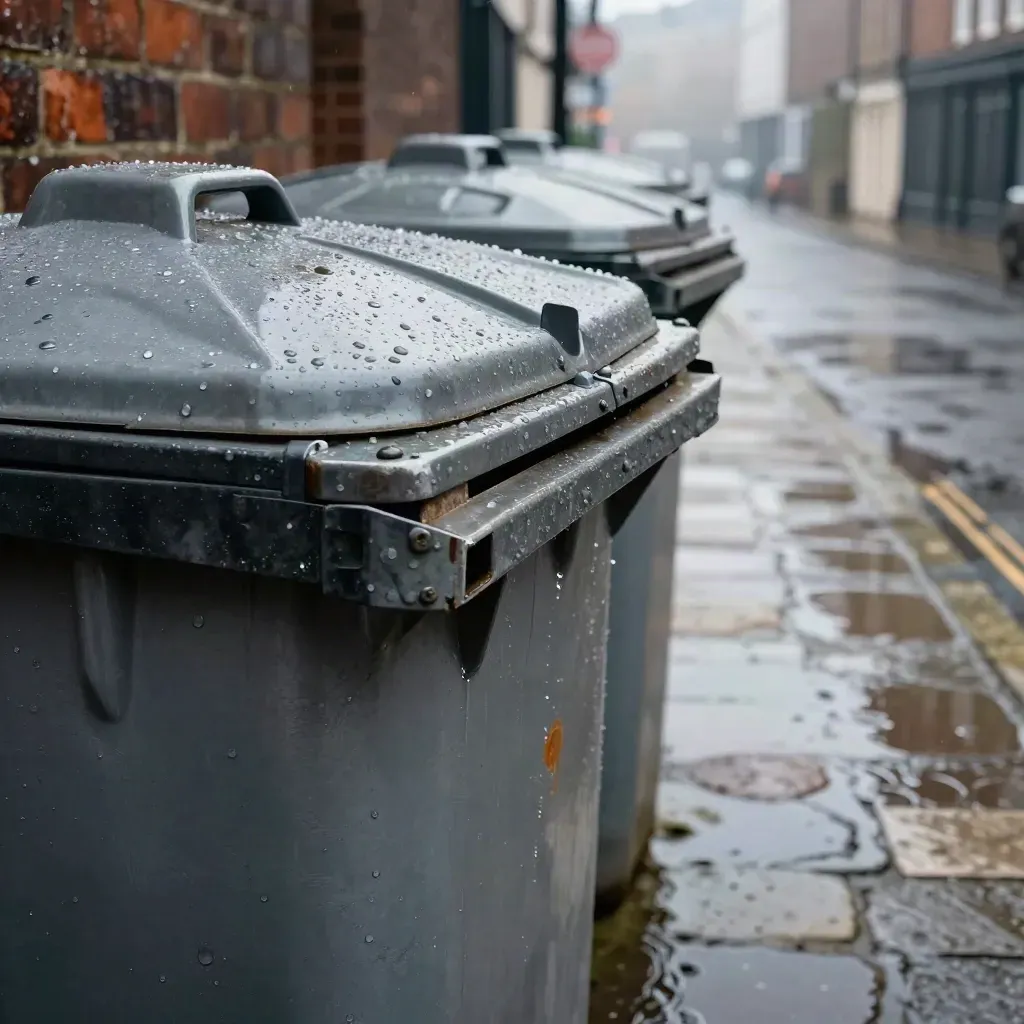 Rain-beaded Bristol bins beside wet brick and cobbles, puddles rippling in low light.