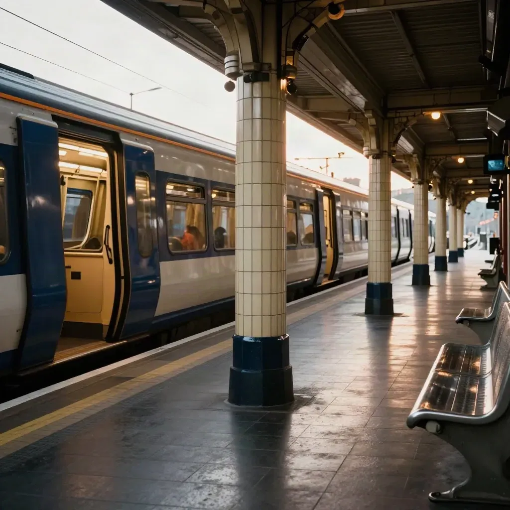 Empty Glasgow platform with a departing train, glowing signals, tiled columns, and warm late-afternoon light.