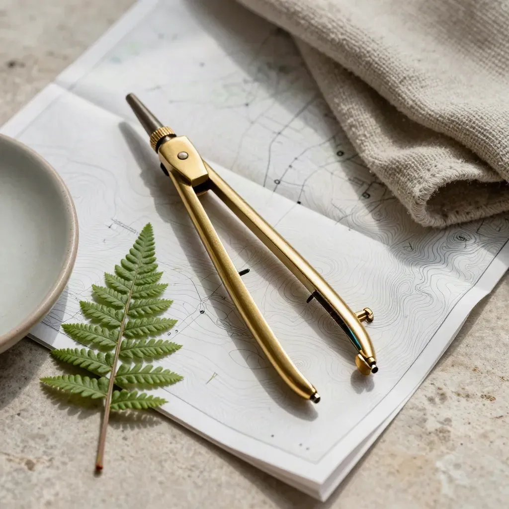 Brass compass on folded contour map with fern, ceramic dish and wool cloth on pale stone