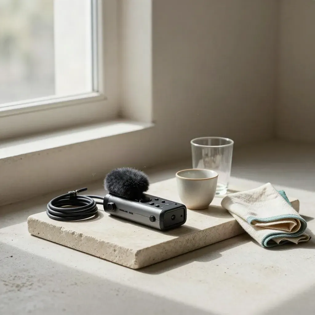 Stone tray with field recorder, cable, cup and stem in soft window light.