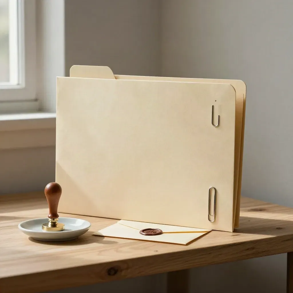 Sealed folder, wax-stamped envelope and ceramic dish on a pale wood shelf in soft window light.