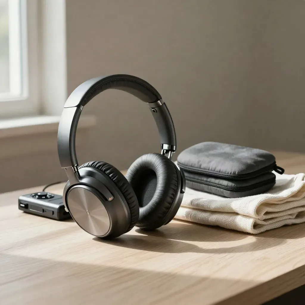 Graphite headphones, recorder, mic pouches and linen cloth on pale ash wood.