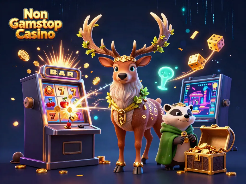 Experience the thrill of Non Gamstop Casino with a glowing Celtic druid stag and vibrant gaming elements.