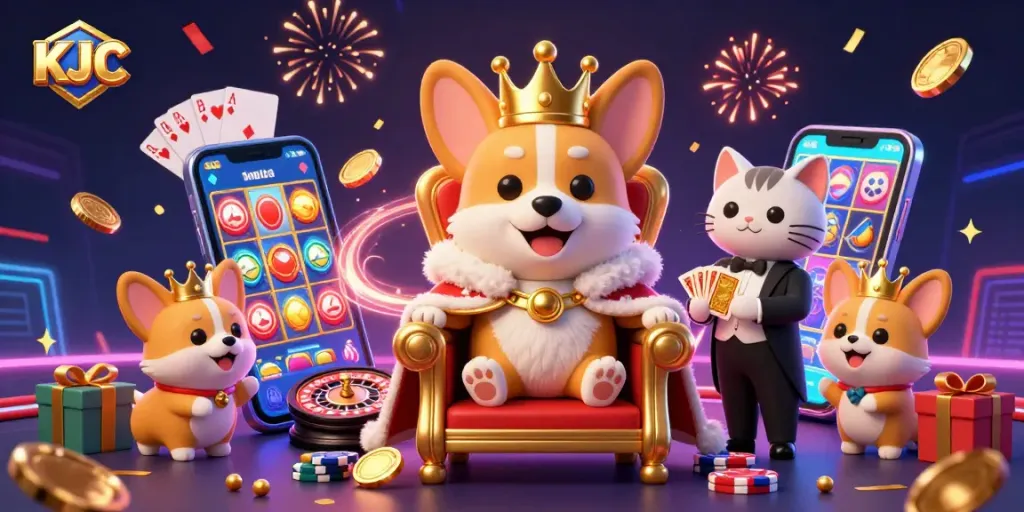 KJC promotes thrilling casino gaming with vibrant visuals of royal corgi king surrounded by animated slot games and festive elements.