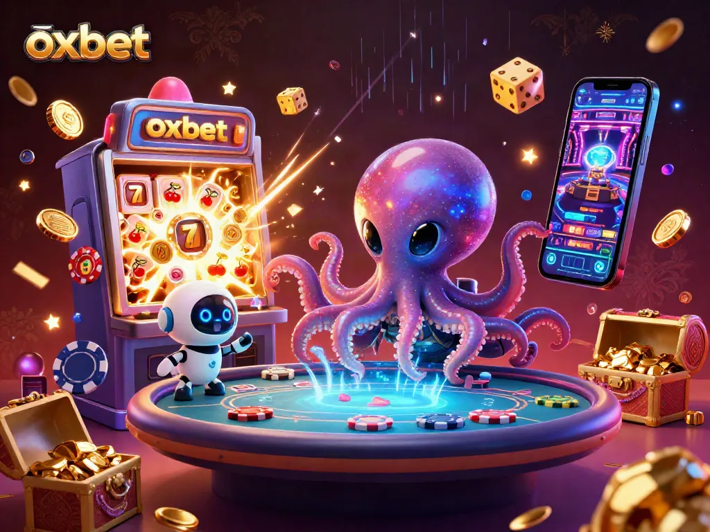 Play exciting casino games with oxbet featuring a vibrant alien octopus and sparkling slot machines.