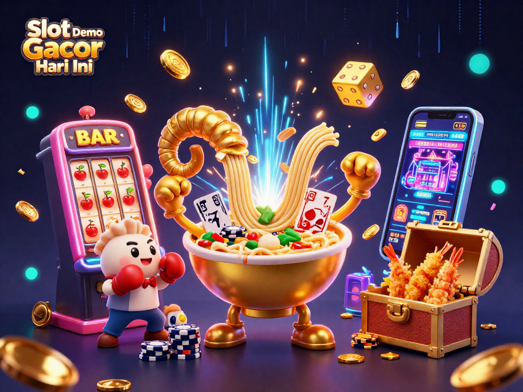 Slot Demo Gacor Hari Ini features a giant ramen bowl dealer amidst vibrant casino game elements.
