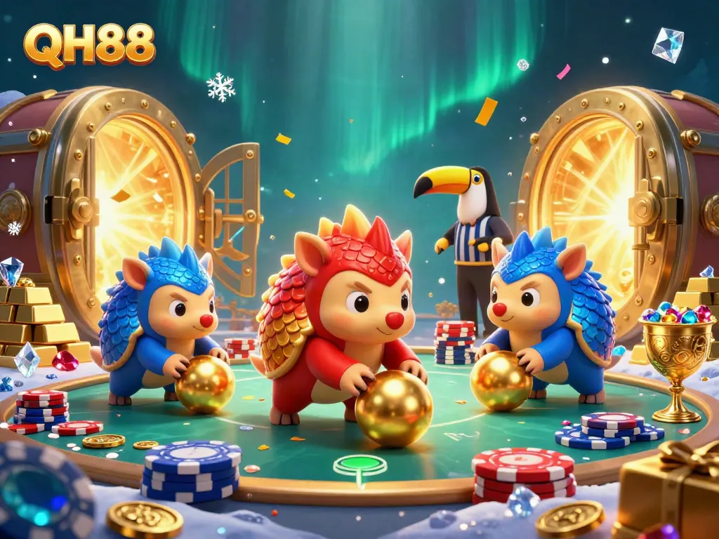 Experience the excitement of QH88 with competitive pangolins in a vibrant casino setting.