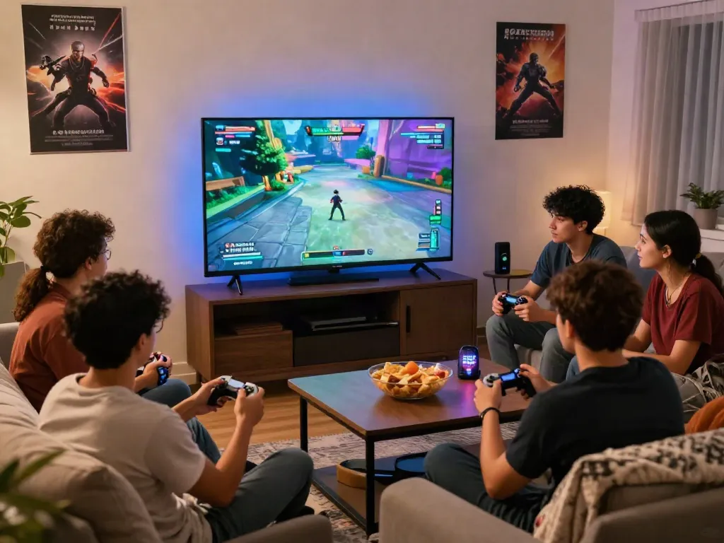 Group of friends enjoying gaming experience at http://11bet-app.net/ in a cozy living room.
