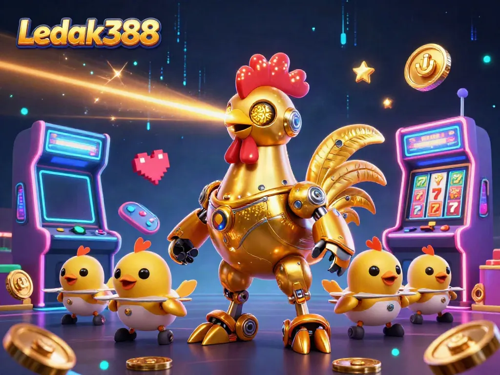 Experience winning at Ledak388 with vibrant 3D retro-futuristic gaming elements and characters.
