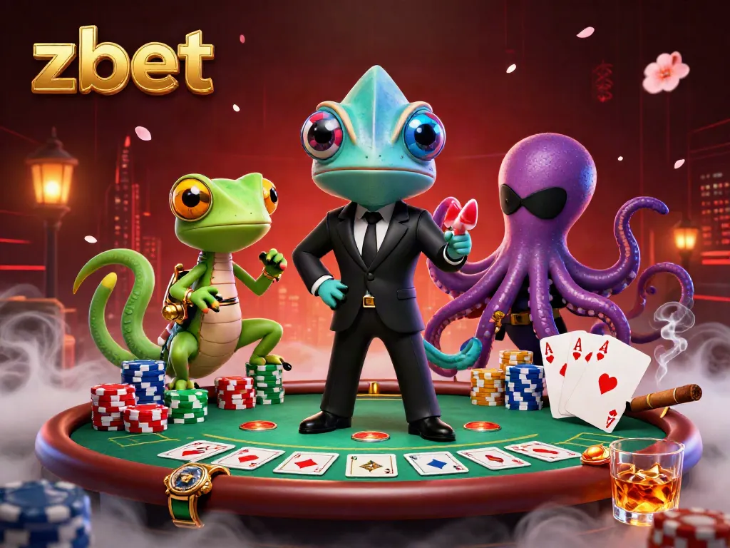 Zbet casino illustration showcasing vibrant characters and poker elements in a dynamic scene.