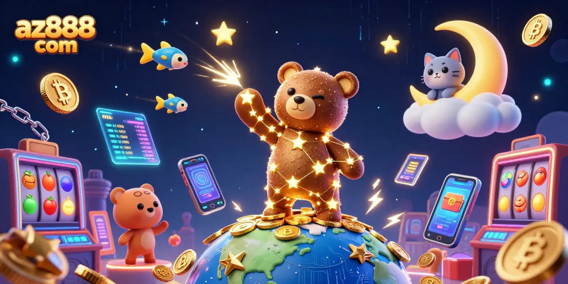 Engage with az888 com's vibrant 3D casino scene featuring colorful slot reels with playful constellation characters.